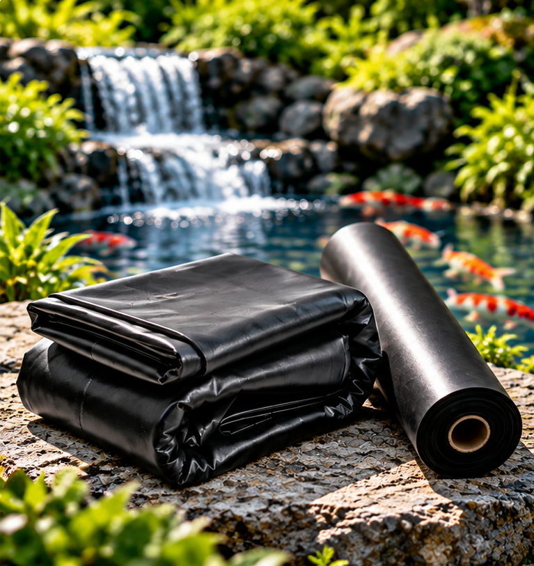 Iku Koi Kichi 30 mil pond liner folded and rolled beside a koi pond