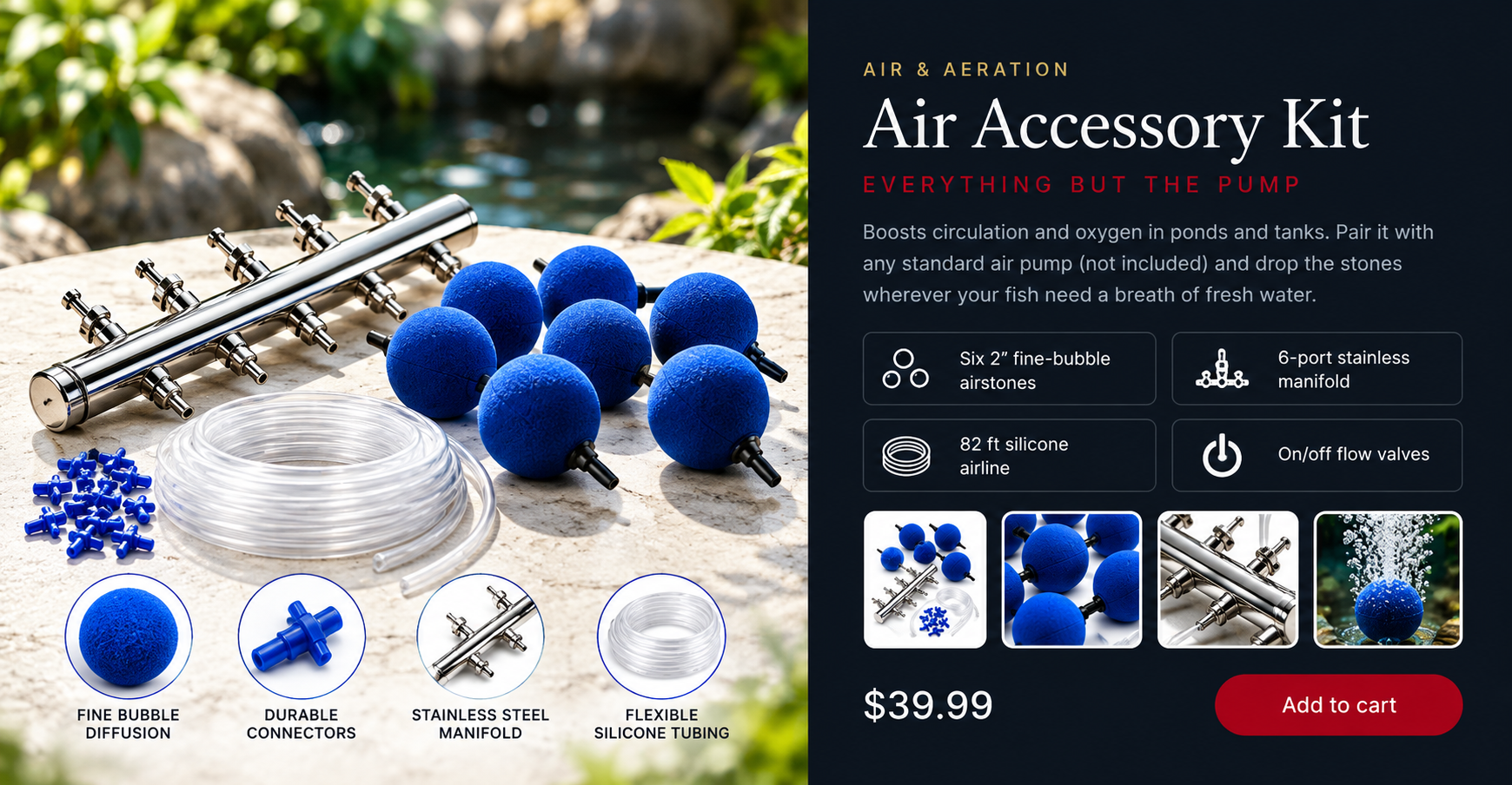Iku Koi Kichi Premium Pond Air Kit — airstones, manifold, airline and valves