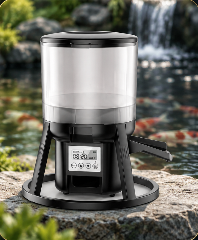 Automatic Pond Feeder beside a koi pond waterfall