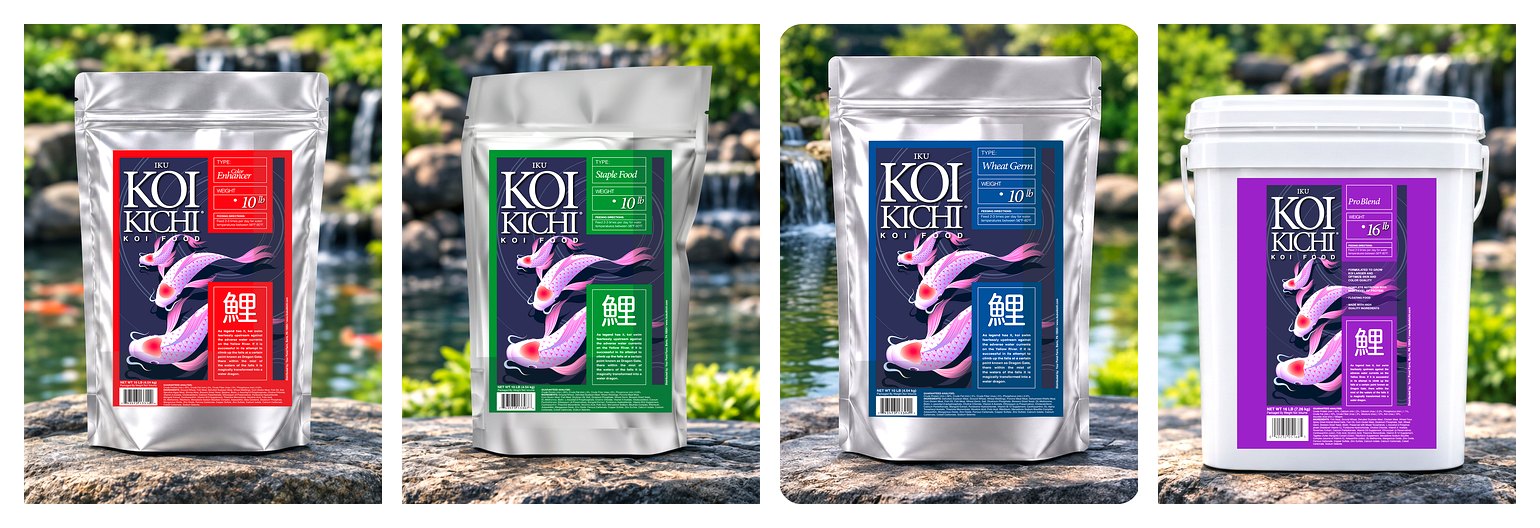 Four Iku Koi Kichi koi food bags side by side: Color Enhancer, Staple Food, Wheat Germ and Pro Blend