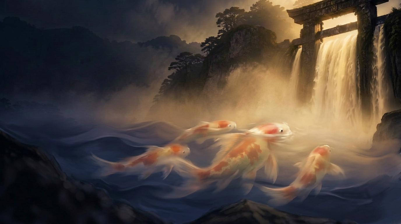 A koi swimming upward at the surface of churning water toward a stone waterfall gate in golden mist
